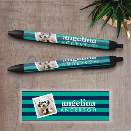 Colorful Striped Pattern Custom Name And Photo Black Ink Pen