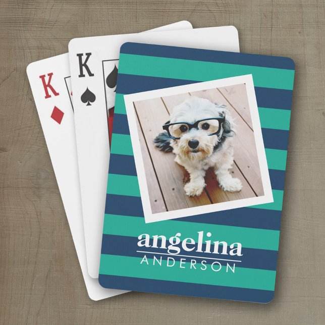 Colorful Striped Pattern Custom Name and Photo Poker Cards (Personalized playing cards)