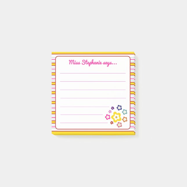 Colorful Striped Rainbow Flower Teacher Name Post-it Notes (Front)