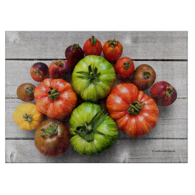 Colorful Striped Tomatoes on Weathered Table Cutting Board (Front)