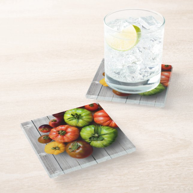 Colorful Striped Tomatoes on Weathered Table Glass Coaster (Angled)