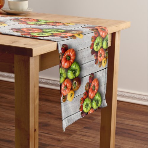 Colorful Striped Tomatoes on Weathered Table Long Table Runner