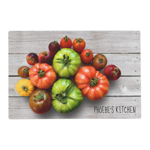 Colorful Striped Tomatoes on Weathered Table Placemat