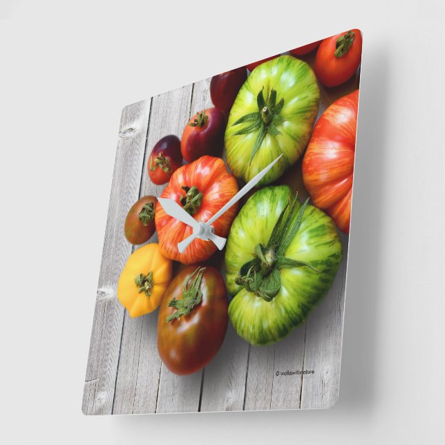 Colorful Striped Tomatoes on Weathered Table Square Wall Clock (Angle)