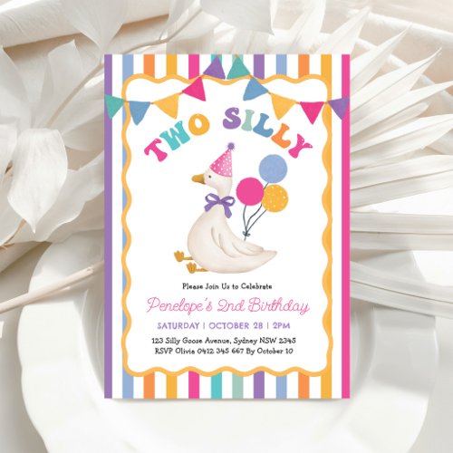 Colorful Striped Two Silly Goose 2nd Birthday Girl Invitation