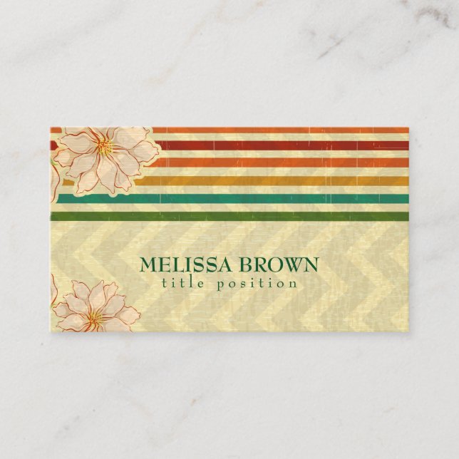 Colorful Stripes And Beige Flowers Business Card (Front)