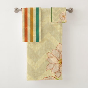 Colorful Stripes And Beige Flowers Pattern Bath Towel Set