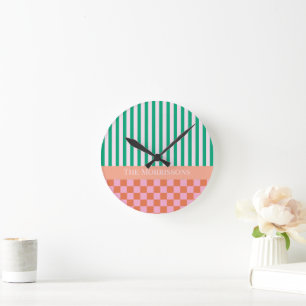 Colorful Stripes and Checks Green Pink Orange Round Clock