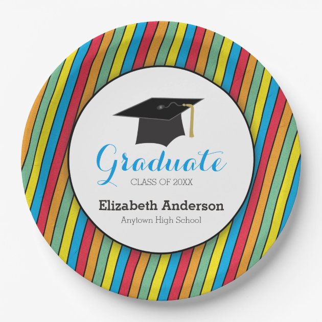 Colorful Stripes And Hat Personalized Graduation Paper Plate