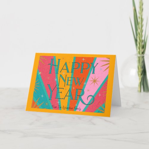 Colorful Stripes and Stars Happy New Year  Holiday Card