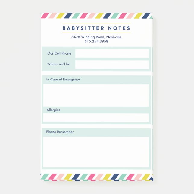 Colorful Stripes Babysitter Post-it Notes (Front)
