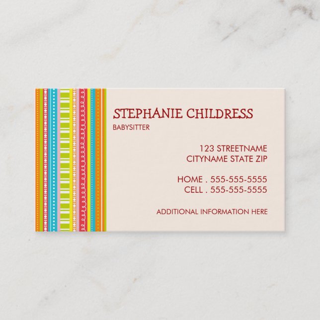 Colorful Stripes Babysitting Business Card (Front)