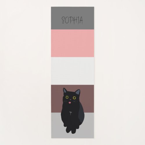 Colorful stripesblack cat drawing and monogram yoga mat