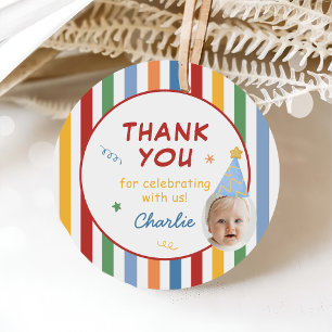 Colorful Stripes Boy 1st Birthday Photo Favor Tags