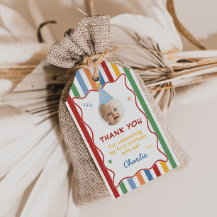 Colorful Stripes Boy 1st Birthday Photo Gift Tags