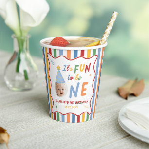 Colorful Stripes Boy 1st Birthday Photo Paper Cups