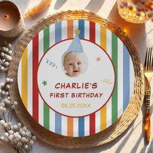 Colorful Stripes Boy 1st Birthday Photo Paper Plates
