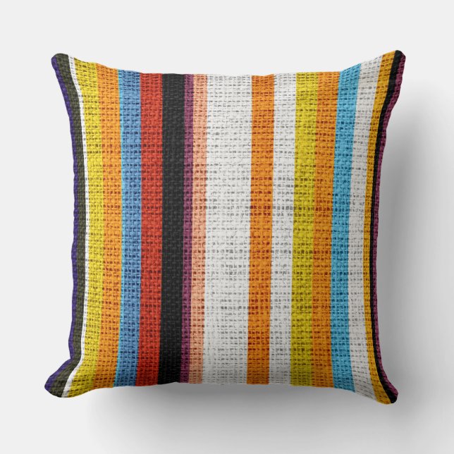 Colorful Stripes Burlap Linen Rustic Jute #4 Throw Pillow (Front)