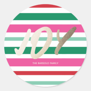 Colorful Stripes Christmas Gold Foil JOY  Classic Round Sticker