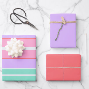 Colorful Stripes, Coral Pink and Mauve Birthday Wrapping Paper Sheets