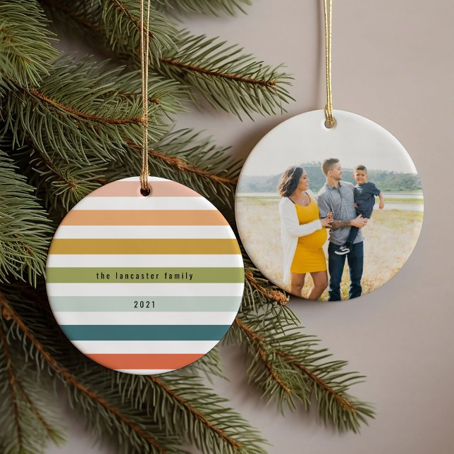 Colorful Stripes Custom Photo Ceramic Ornament (Colorful stripes family name, year, and photo ornament.)