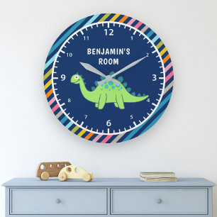 Colorful Stripes Cute Green Dinosaur Kids Room Large Clock