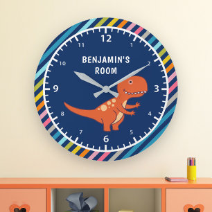 Colorful Stripes Cute Orange Dinosaur Kids Room Large Clock