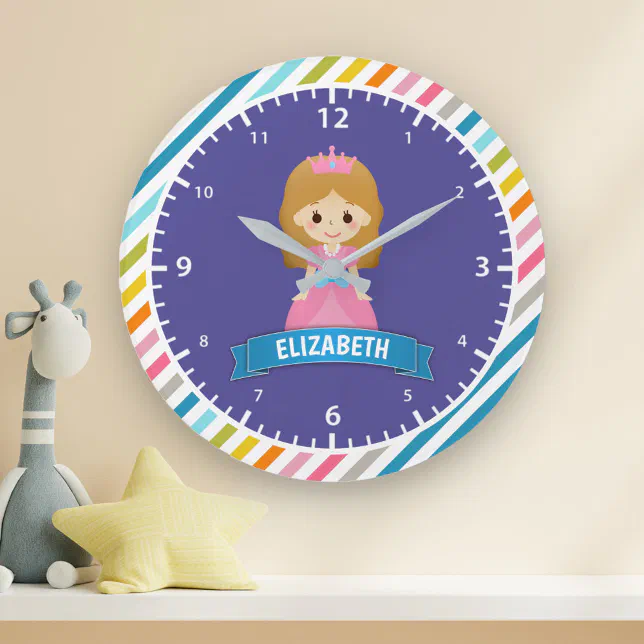 Colorful Stripes Cute Princess Kids Girls Bedroom Large Clock | Zazzle