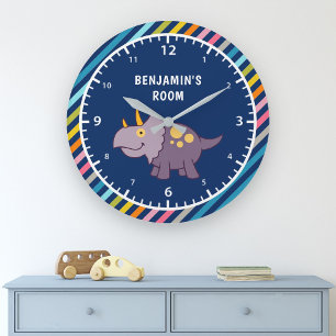 Colorful Stripes Cute Purple Dinosaur Kids Room Large Clock
