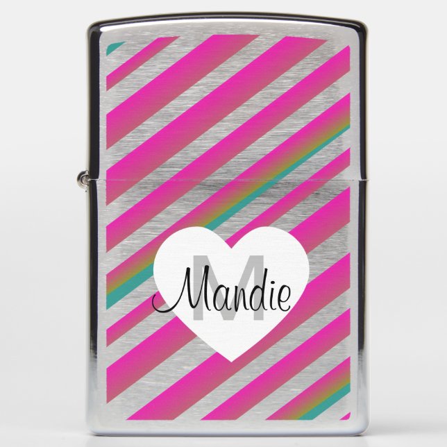 Colorful Stripes Diagonal Pink Green Zippo Lighter (Front)