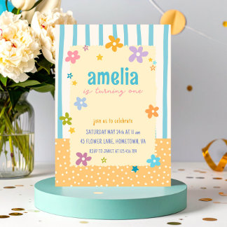 Colorful Stripes Floral Baby First Birthday Party Invitation