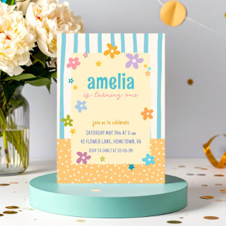 Colorful Stripes Floral Baby First Birthday Party Invitation