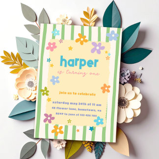 Colorful Stripes Floral First Birthday Party Invitation