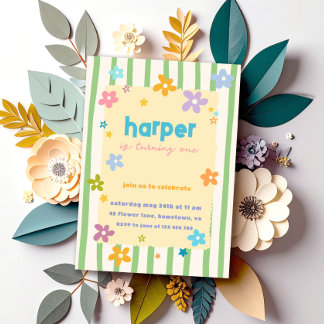 Colorful Stripes Floral First Birthday Party Invitation