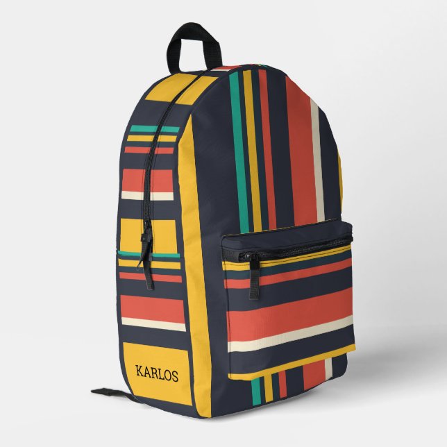 Colorful stripes geometric pattern monogram printed backpack (Back Corner Left)