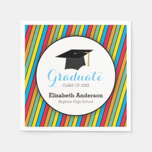 Colorful Stripes & Hat Personalized Graduation Napkins