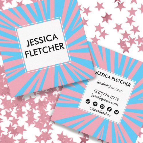 Colorful Stripes Minimalist Pink Blue Social Icons Square Business Card