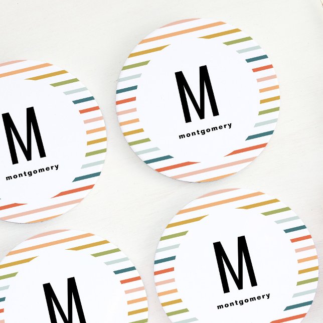 Colorful Stripes Monogrammed Cocktail Round Paper Coaster (Colorful Stripes Monogrammed Cocktail Round Paper Coaster)