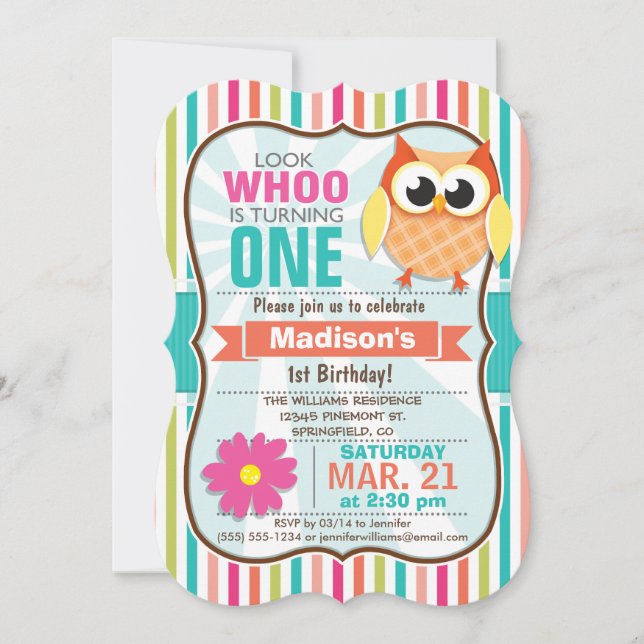 Colorful Stripes Owl Birthday Party Invitation (Front)