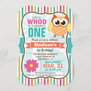 Colorful Stripes Owl Birthday Party Invitation
