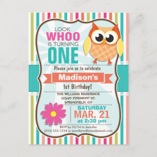 Colorful Stripes Owl Birthday Party Invitation Postcard