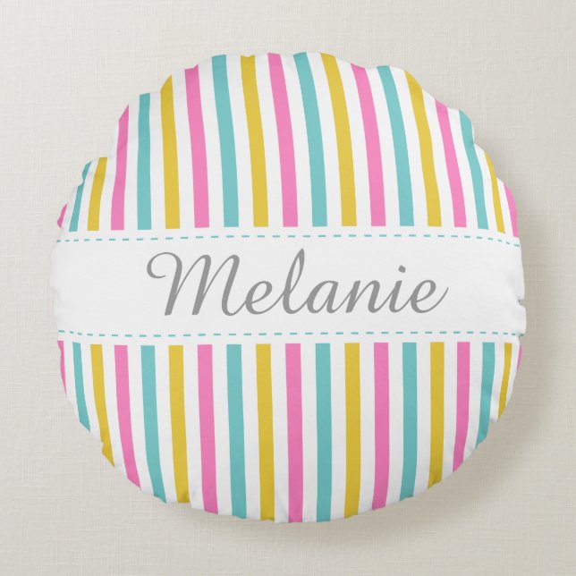 Colorful Stripes Pattern Custom Name Round Pillow (Front)
