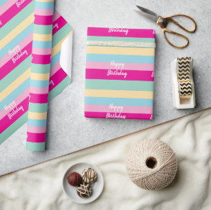 Colorful Stripes Pattern Happy Birthday Flat Card Wrapping Paper