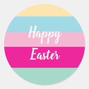 Colorful Stripes Pattern Happy Easter Flat Card Classic Round Sticker