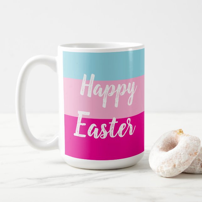 Colorful Stripes Pattern Happy Easter Flat Card Coffee Mug (With Donut)