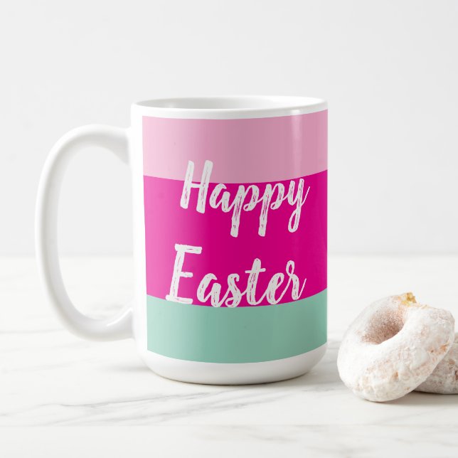 Colorful Stripes Pattern Happy Easter Flat Card Coffee Mug (With Donut)