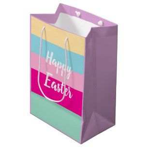 Colorful Stripes Pattern Happy Easter Flat Card Medium Gift Bag