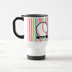 Colorful Stripes; Personalized Softball Travel Mug