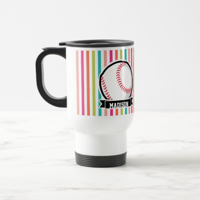 Colorful Stripes; Personalized Softball Travel Mug (Left)