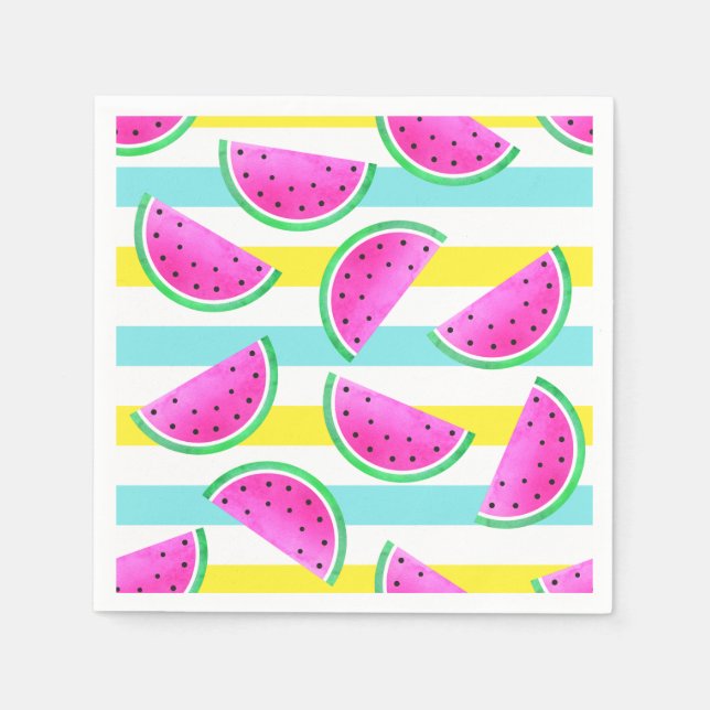 Colorful Stripes Pink Watermelons Pattern Paper Napkins (Front)